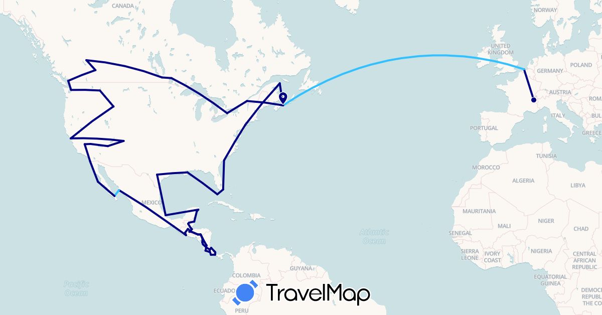 TravelMap itinerary: driving, boat in Belgium, Belize, Canada, Costa Rica, France, Guatemala, Honduras, Mexico, Nicaragua, Panama, United States (Europe, North America)